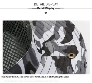 Detail of outdoor sun hat with breathable mesh vents and reinforced camo brim design