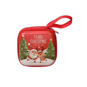 Mini Christmas tinplate coin purse featuring Santa and Reindeer on a red square pouch