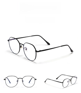 Three views of bright black round metal eyeglass frames showing front and side details