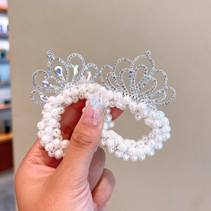 Kids pearl hair scrunchies with silver crown and rhinestones for princess hairstyles