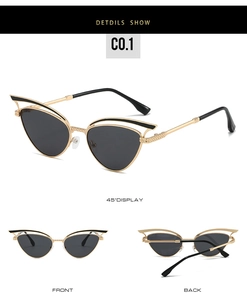 Detailed multi-angle views of hollow cat-eye sunglasses with gold metal frame