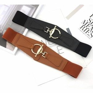 Elastic wide corset belt for women in black and caramel with gold round metal buckle