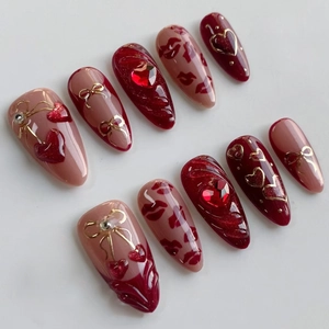 Cat Eye Press On Nails With Heart Cherry Bow Designs French Style Long Oval ABS False Nails For Women Salon Manicure