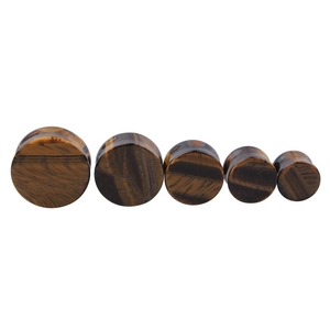 Detailed view of polished tiger eye ear plugs in various sizes on white background