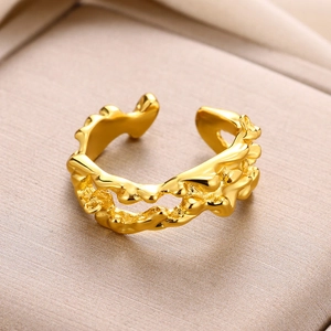 Minimalist gold plated teardrop ring with unique liquid lava texture and open adjustable band