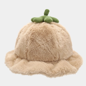 Detail of plush khaki pumpkin hat showing soft faux fur texture and green seedling top