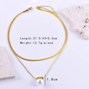 Double-layered gold chain necklace with white pearl pendant and minimalist square detail
