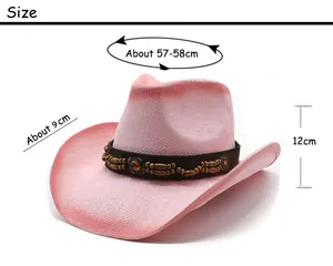 Size guide for pink gradient western straw hat with 9cm brim and 57-58cm circumference