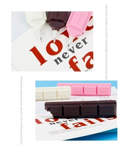 Close-up of chocolate-shaped ballpoint pen tip and realistic snack design details