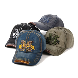Detailed macro of washed denim baseball caps in four colors with 3D embroidery detail