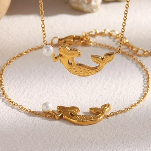 Collier Et Bracelet Pendentif Sirène Acier Inoxydable Plaqué Or 18K Avec Künstliche Perle Imitation Élégant Bijoux Océan Pour Femmes