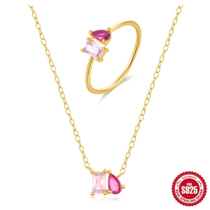 925 Sterling Silver Jewelry Set Gold Plated Pink Zirconia Water Drop Pendant Necklace And Adjustable Open Ring For Women