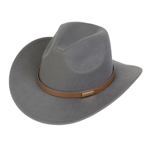 Detail of grey wool cowboy hat featuring a brown decorative band and gold metal buckle