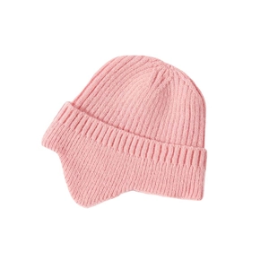 Pink knitted winter ear protection hat with warm fleece lining for cold weather