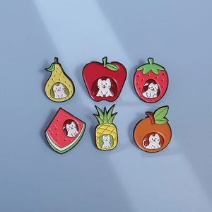 Set of 6 cute enamel fruit cat pins including apple, strawberry, and pineapple designs