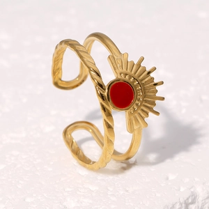 Retro 18k gold plated stainless steel open ring with red enamel sun eye motif