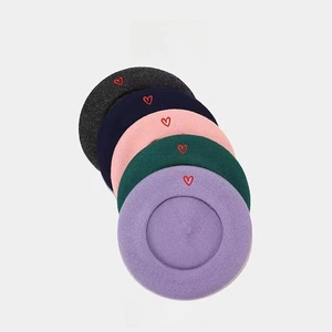 Classic wool-blend beret collection with red heart embroidery in five stylish colors