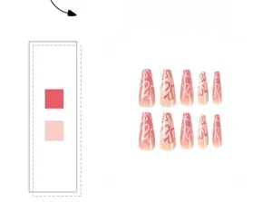Detail of pink and white marble long coffin press-on nails with heart artistic patterns