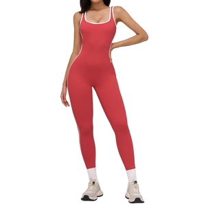 Slim fit red yoga bodysuit with square neckline and white side stripe detailing
