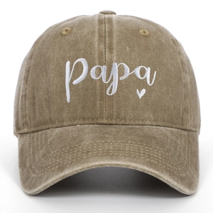 Close-up of white Papa heart embroidery on vintage washed cotton sun protection baseball cap