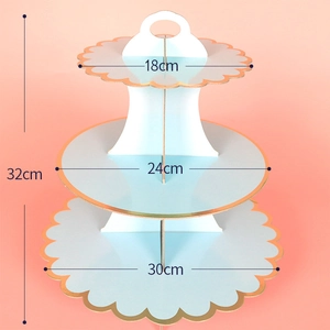Light blue 3-tier paper cupcake stand with gold trim and dimensions 18/24/30/32cm