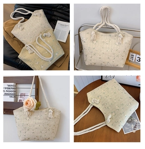 Vues détaillées du sac cabas en paille à fleurs avec poignées en corde blanche d'été