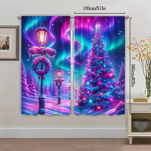 Detailed view of Aurora Christmas curtains with size labels 130cm by 160cm and festive design