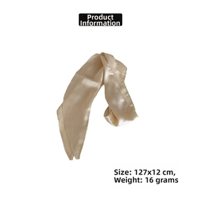 Detail view of champagne satin hair scarf, measuring 127x12cm with smooth silk texture