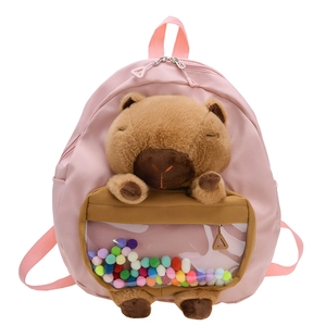 Pink children backpack featuring a plush capybara and colorful pom-poms in a window