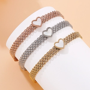 Three-layer stainless steel heart charm bracelets in gold, silver, and rose gold finish