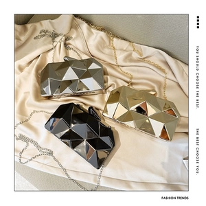 Geometric Evening Clutch Bag Faceted Metallic Acrylic Hard Shell Party Banquet Crossbody Purse With Chain Strap Modern