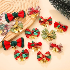 Set of 12 festive Christmas bows with bells for tree decor and holiday ornaments
