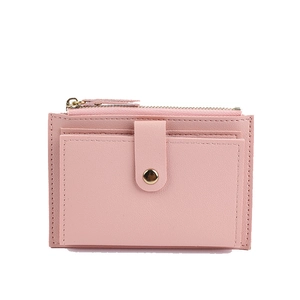 Pink minimalist short wallet with multiple card slots and gold snap button closure