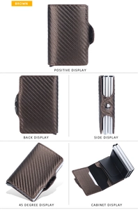 Detailed multi-angle views of brown carbon fiber RFID wallet with pop-up card mechanism
