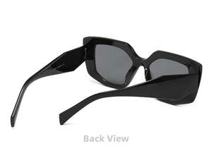 Detail view of wide-frame irregular sunglasses with size specifications on temple