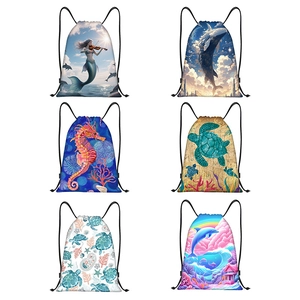 Drawstring Backpack Oxford Cloth Ocean Theme Sea Turtle Whale Print Sports Gym Sackpack Travel Cycling Beach Storage