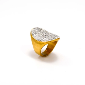 Detail showing wide gold band ring fully inlaid with sparkling clear rhinestones