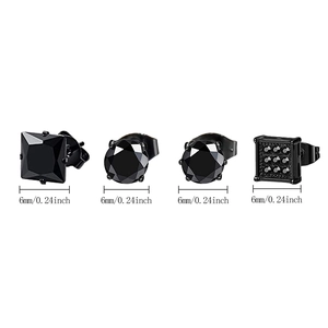 Set of 4 pairs of black stainless steel cubic zirconia stud earrings, 6mm 0.24 inch size