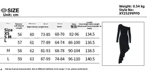 Size chart for the asymmetric bodycon maxi dress showing precise garment measurements