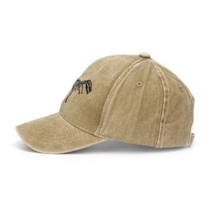 Detail of dinosaur skeleton embroidery on side of khaki washed cotton baseball cap