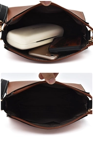 Detail view of large storage capacity and interior zipper pocket of the brown tote bag