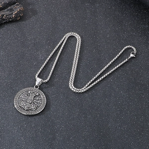 Silver Thor's Hammer pendant necklace with Viking runes and Nordic knotwork design