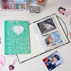 Detail view of A5 six-ring binder photocard album with stone pattern and composition cover