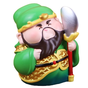Cute cartoon God of Wealth figurine in green robe and golden hat for office desk decor