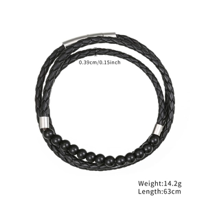 Multilayer braided black leather bracelet with onyx beads and magnetic clasp for men
