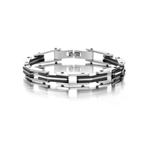 Dettaglio macro del bracciale multistrato da uomo in gomma nera e acciaio lucido