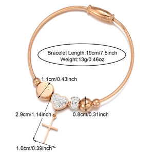 Rose gold stainless steel wire bracelet with cross charm and crystal heart pendant