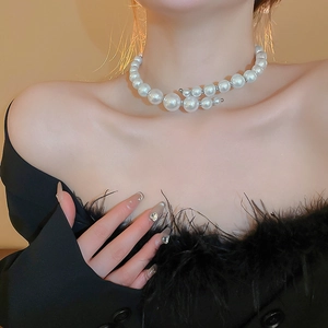 Exaggerated large multi-layer pearl choker necklace with silver beads for women