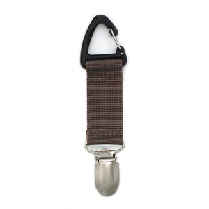 Macro detail of brown nylon clip strap with metal buckle and black plastic carabiner