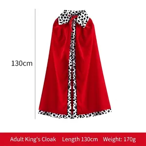 Detail view of 130cm red king cape showing dimensions and spotted faux fur trim